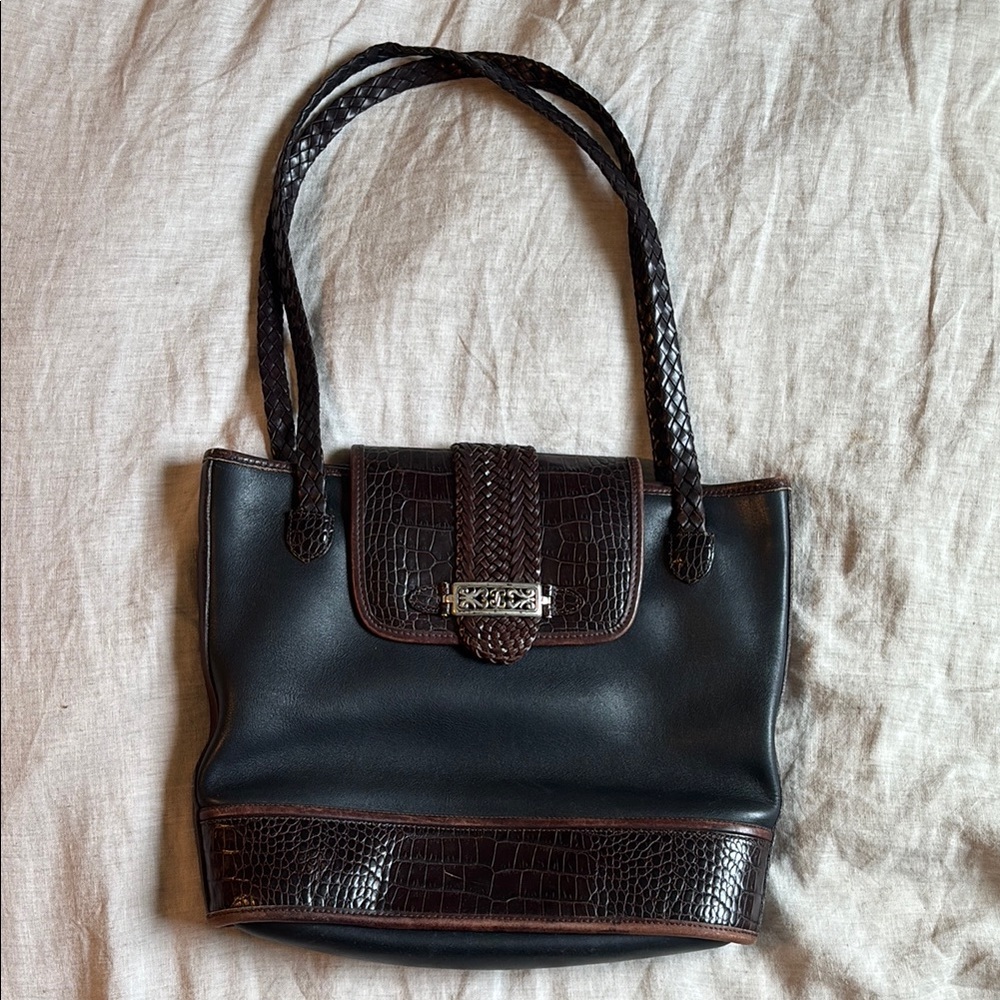 Brighton Black and Brown Shoulder Bag with Croc-Embossed Trim